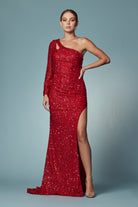 Embroidered Sequin One Shoulder Long Sleeve High Slit Long Prom Dress NXS1013-Prom Dress-smcfashion.com