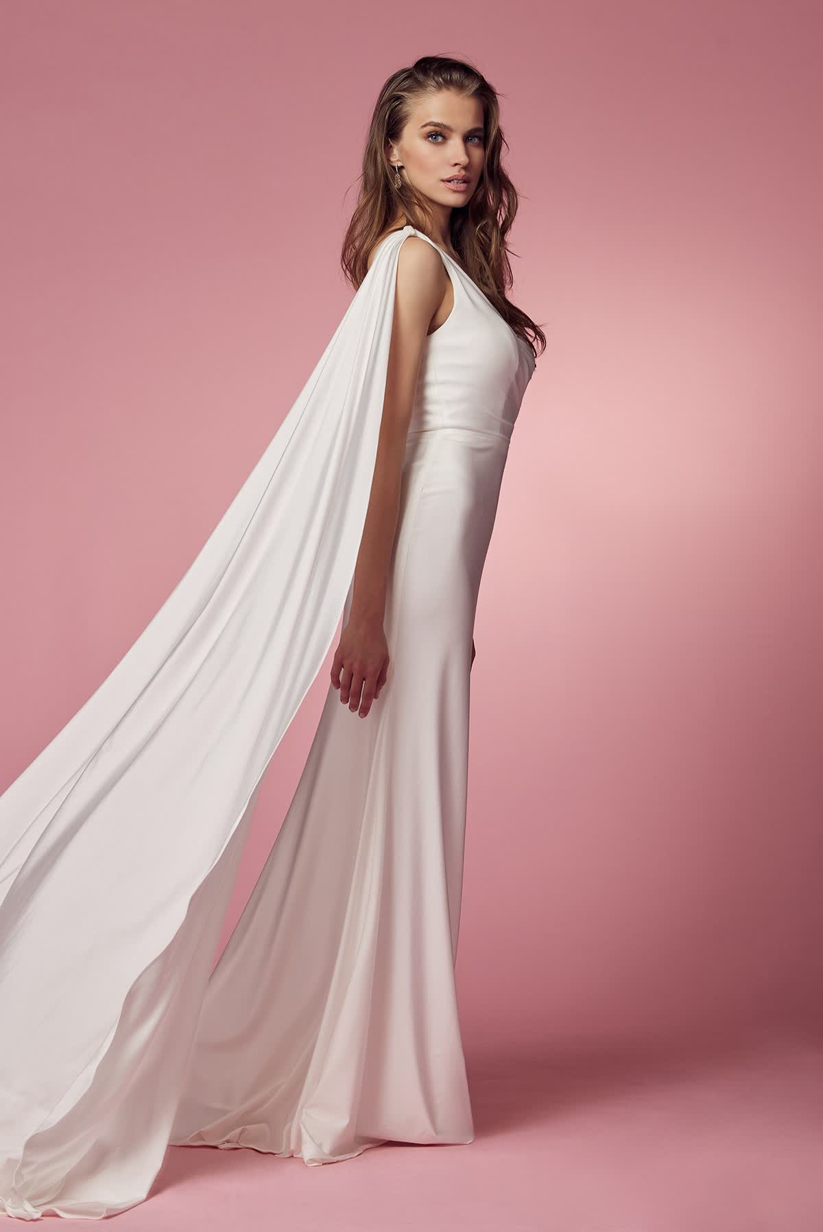 One Shoulder Drape Sleeve Mermaid Long Wedding Dress NXE475W-Wedding Dress-smcfashion.com
