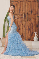 Embellished Feather Skirt V-Neck Open V-Back Side Slit Long Prom Dress NXC1119-Prom Dress-smcfashion.com