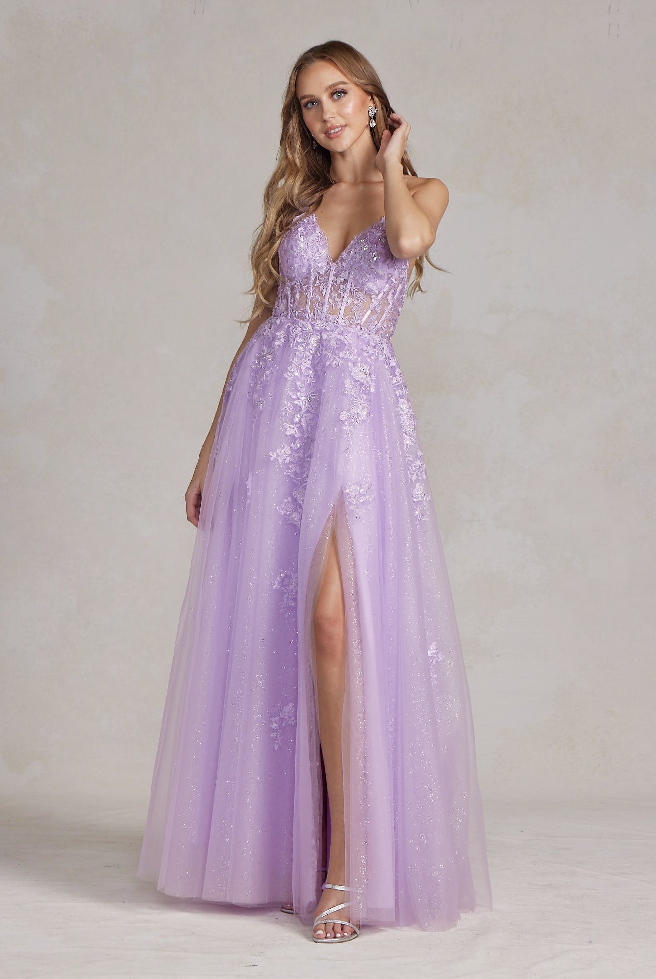 Embellished Applique V-Neck Side Slit Tulle Skirt Long Prom Dress NXT1081-All Dresses, Prom-smcfashion.com