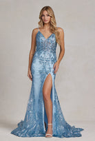 Embroidered Glitter Lace V-Neck Spaghetti Straps Long Prom Dress NXC1197-Prom Dress-smcfashion.com