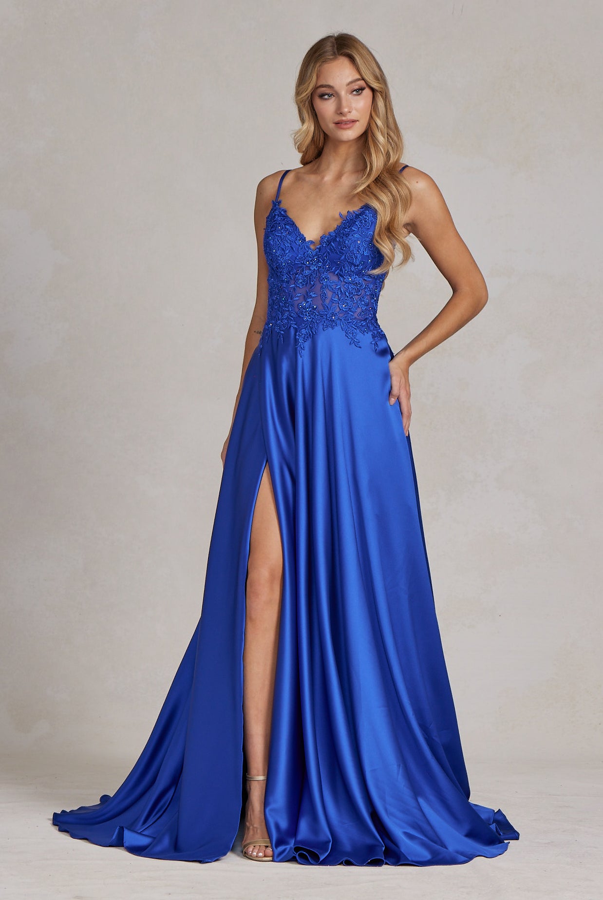 Embroidered Lace Bodice Open V-Back Satin Skirt Long Prom Dress NXK1121-Prom Dress-smcfashion.com