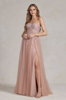 Embroidered Bodice Side Slit Tulle Skirt Long Prom Dress NXJ1089-Prom Dress-smcfashion.com