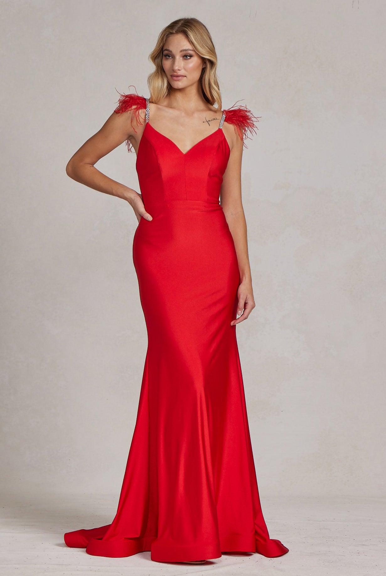 Mermaid Satin Embellished Feather Open Back Long Prom Dress NXT1138-Prom Dress-smcfashion.com
