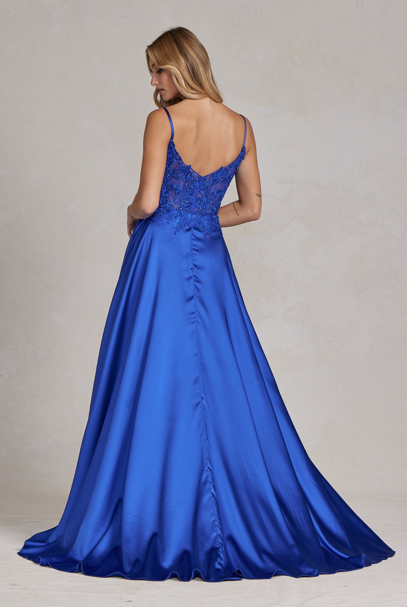 Embroidered Lace Bodice Open V-Back Satin Skirt Long Prom Dress NXK1121-Prom Dress-smcfashion.com