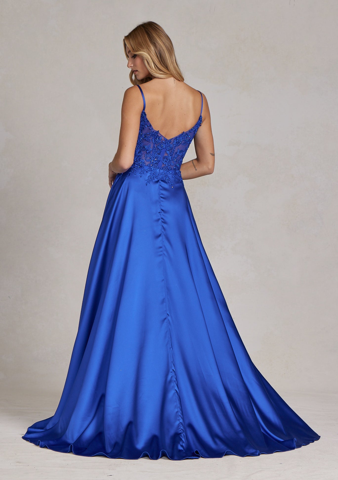 Embroidered Lace Bodice Open V-Back Satin Skirt Long Prom Dress NXK1121-Prom Dress-smcfashion.com