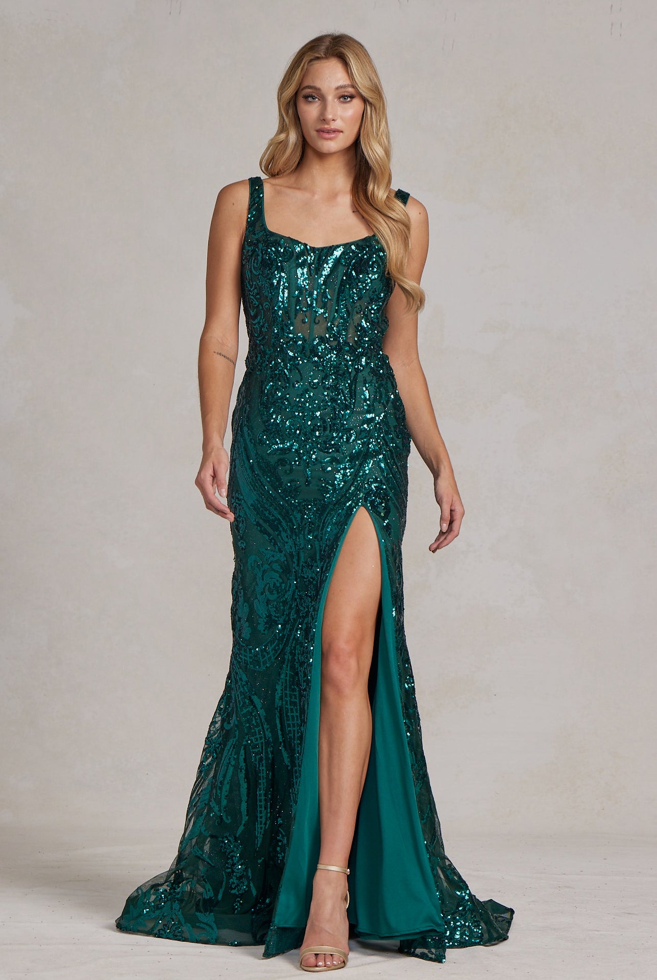 Embroidered Sequins Square Neck Side Slit Long Prom Dress NXC1103-Prom Dress-smcfashion.com
