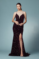 Plunging Neckline Fitted Bodice Velvet Sequince Trumpet Long Prom Dress NXR433-Prom Dress-smcfashion.com