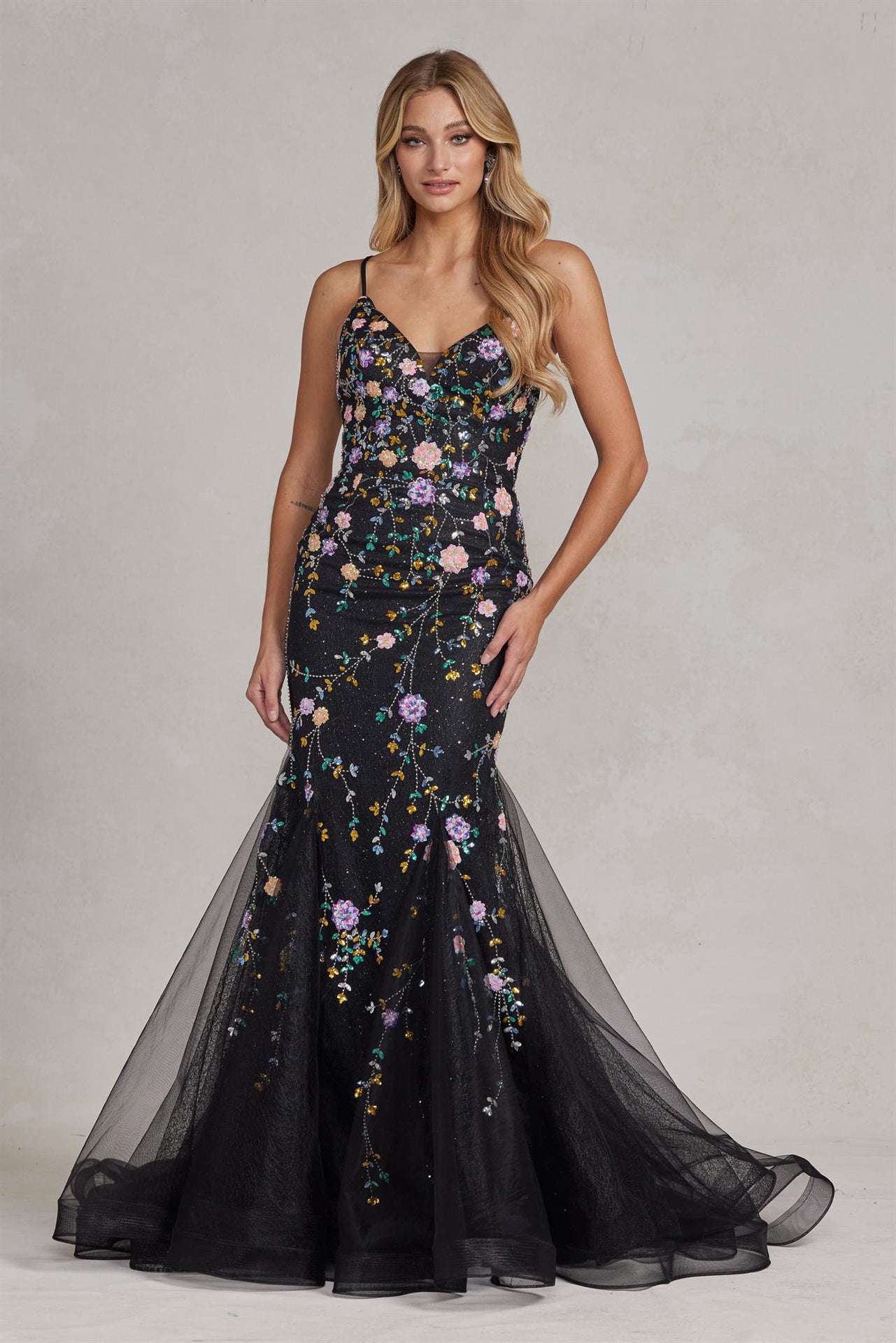 Mermaid Open Criss Cross Back Embroidered Flower Lace Long Prom Dress NXC1117-Prom Dress-smcfashion.com