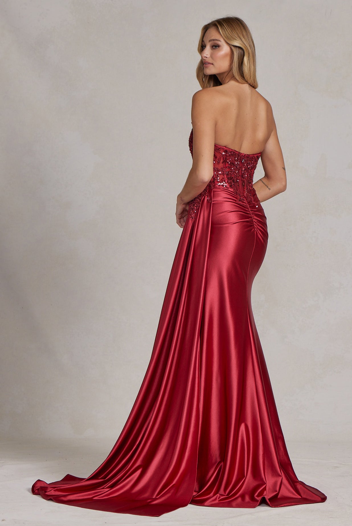 Satin Skirt Side Slit Embroidered Bodice Strapless Long Evening Dress NXE1174-Evening Dress-smcfashion.com