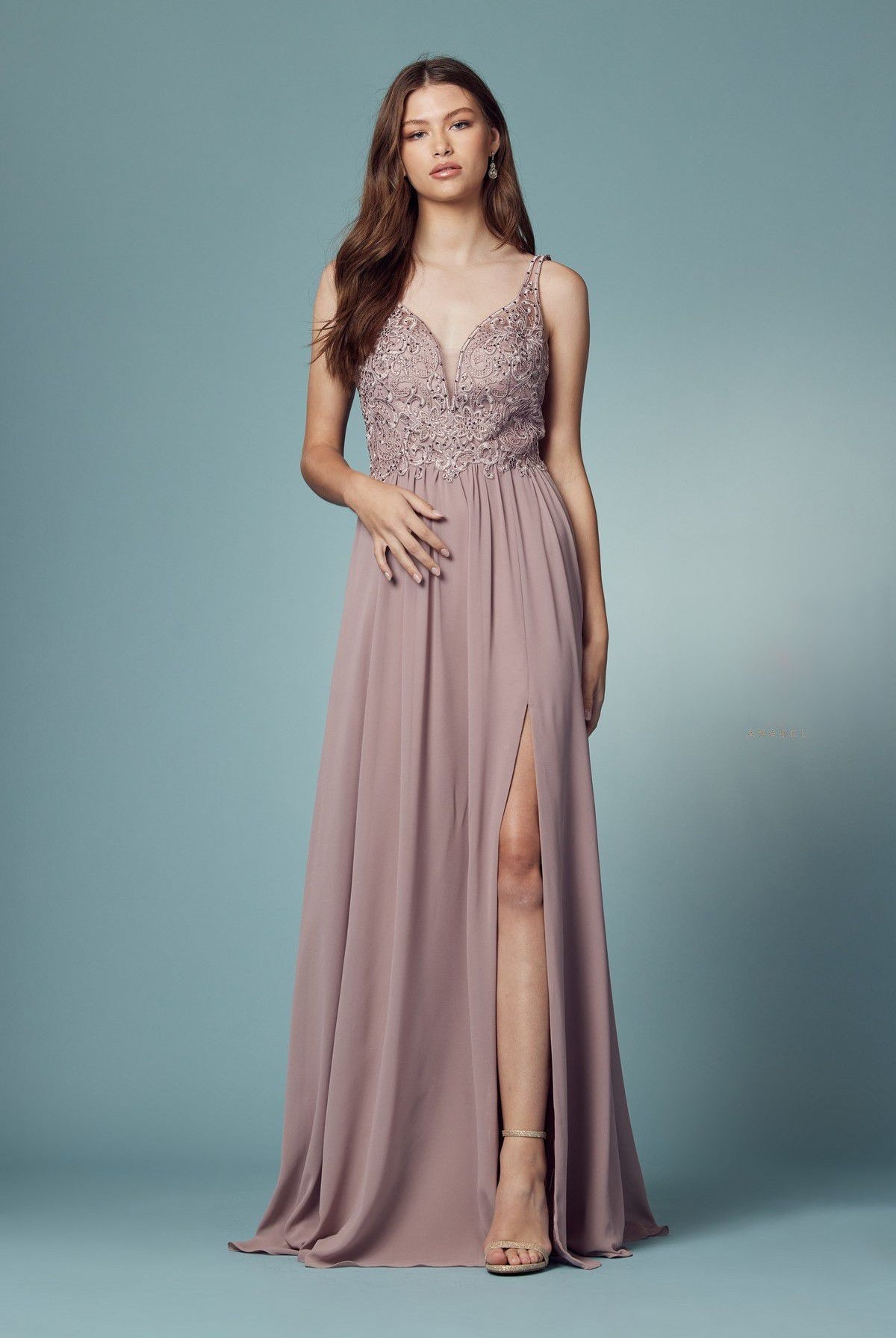 Embroidered Bodice Illusion V-Neck Side Slit Long Bridesmaid Dress NXY299-Bridesmaid Dress-smcfashion.com