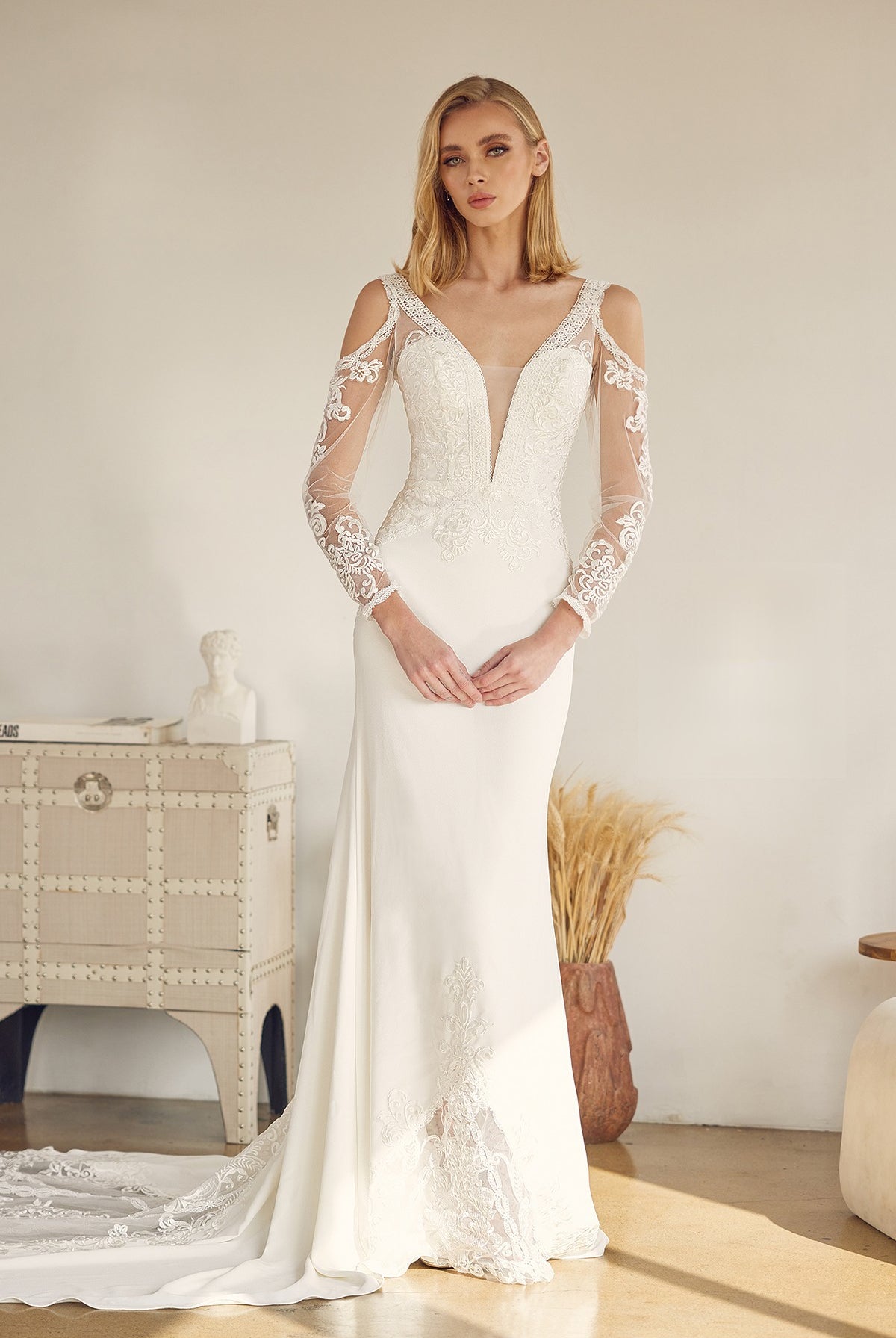 Embroidered Lace Illusion V-Neck Long Wedding Dress NXJE916-Wedding Dress-smcfashion.com
