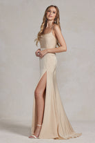 Side Slit Cowl Neck Satin Open Criss Cross Back Long Evening Dress NXE1068-Prom Dress-smcfashion.com