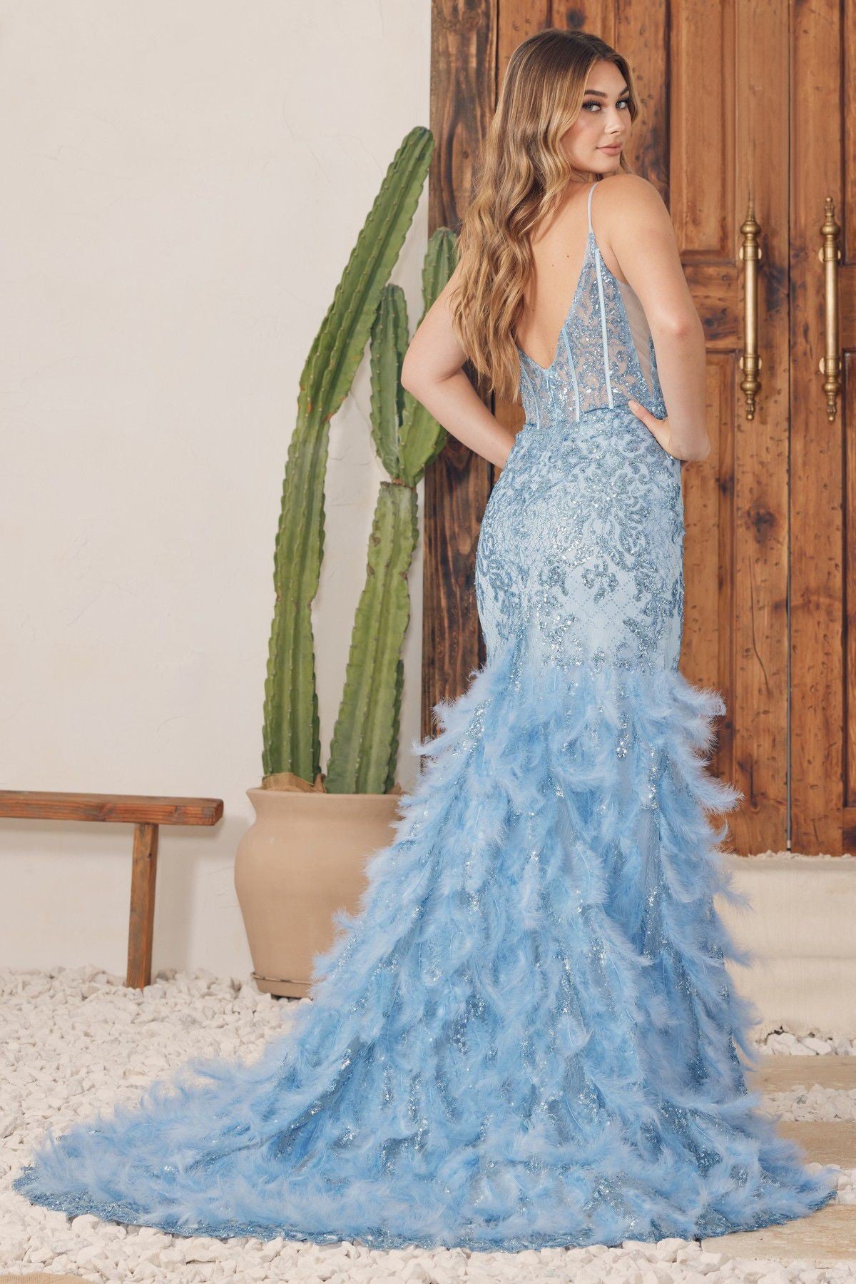 Embellished Feather Skirt V-Neck Open V-Back Side Slit Long Prom Dress NXC1119-Prom Dress-smcfashion.com
