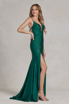 Embroidered Flowers Open Criss Cross Back Illusion V-Neck Long Evening Dress NXE1206-Prom Dress-smcfashion.com