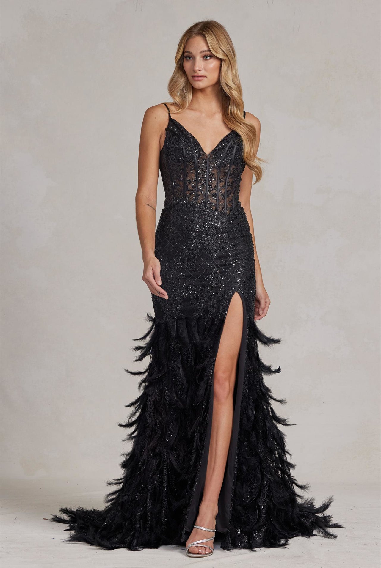 Embellished Feather Skirt V-Neck Open V-Back Side Slit Long Prom Dress NXC1119-Prom Dress-smcfashion.com