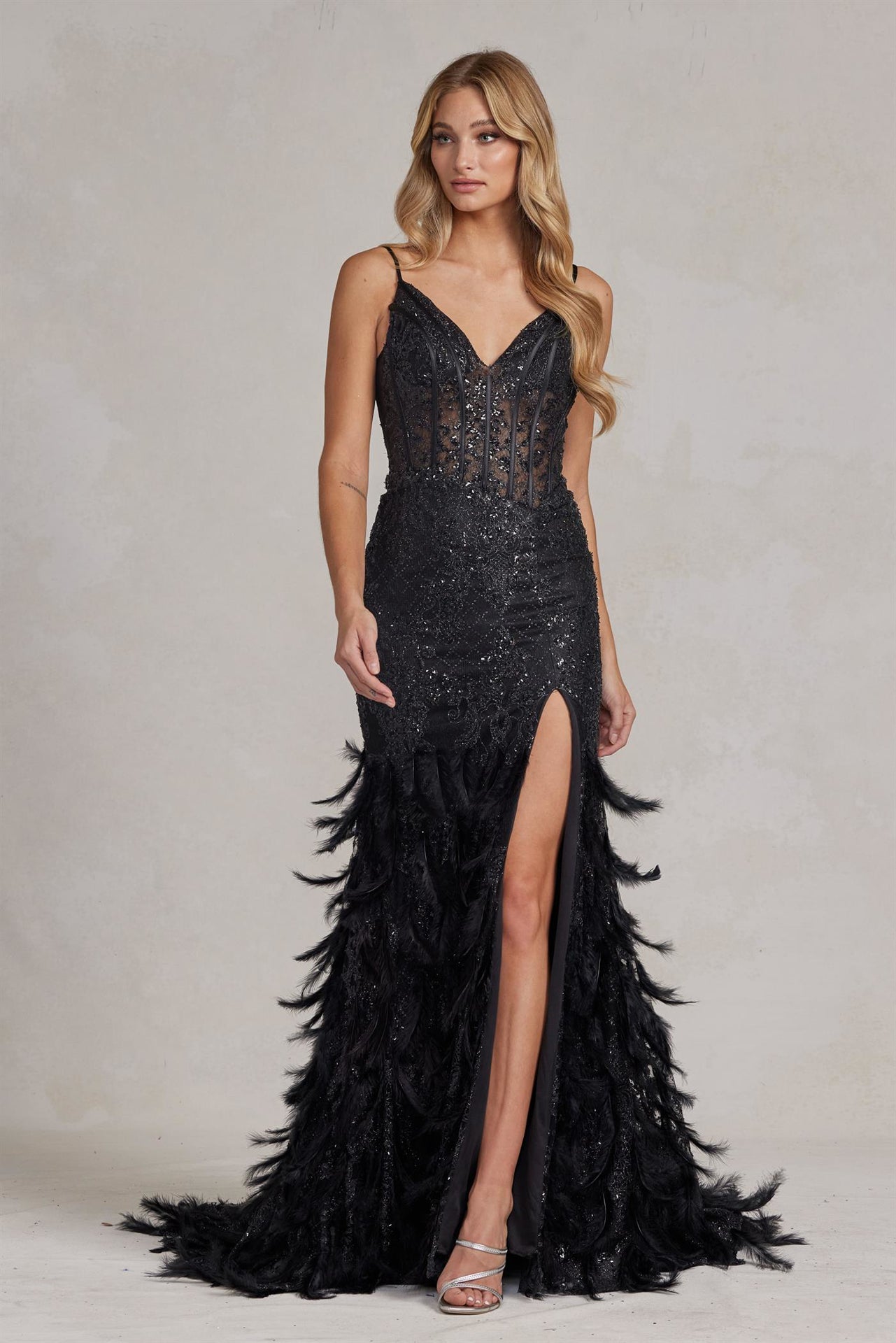 Embellished Feather Skirt V-Neck Open V-Back Side Slit Long Prom Dress NXC1119-Prom Dress-smcfashion.com