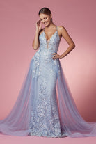 Embroidered Lace Illusion V-Neck Tulle Skirt Long Prom Dress NXF485-All Dresses-smcfashion.com