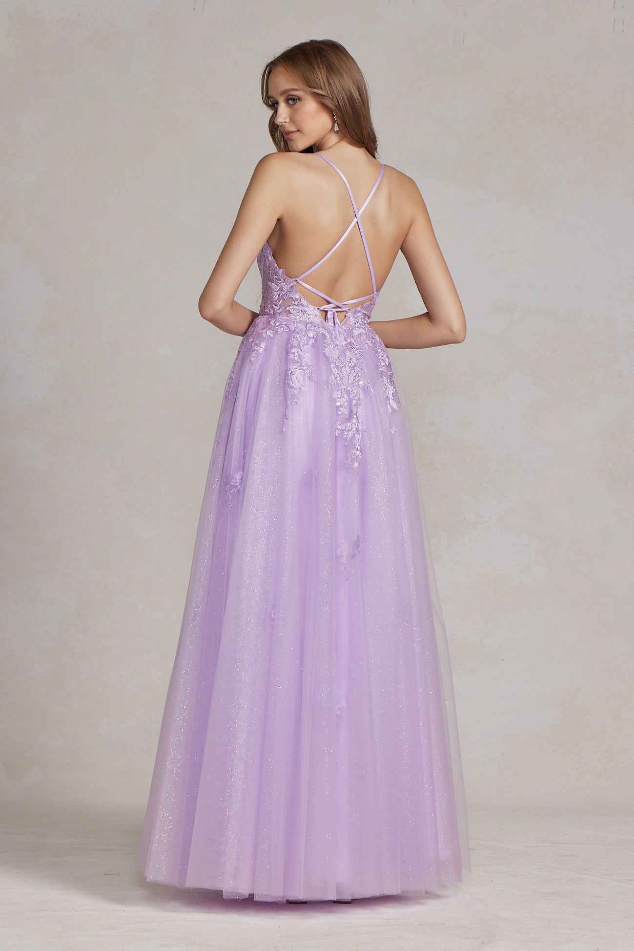 Embellished Applique V-Neck Side Slit Tulle Skirt Long Prom Dress NXT1081-All Dresses, Prom-smcfashion.com