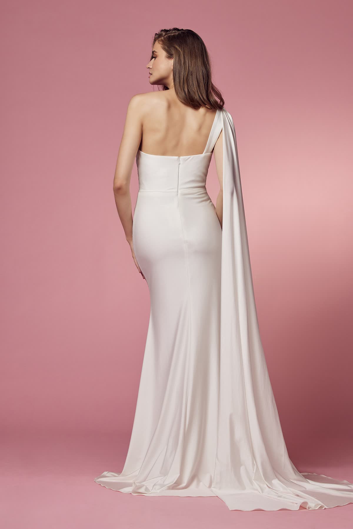 One Shoulder Drape Sleeve Mermaid Long Wedding Dress NXE475W-Wedding Dress-smcfashion.com