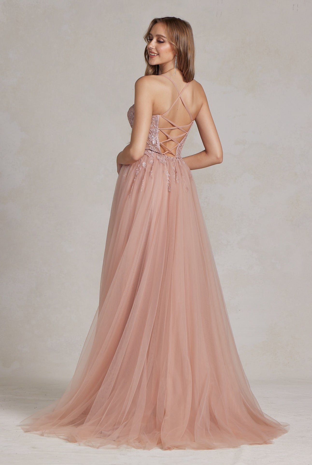 Embroidered Bodice Side Slit Tulle Skirt Long Prom Dress NXJ1089-Prom Dress-smcfashion.com