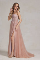 Embroidered Bodice Side Slit Tulle Skirt Long Prom Dress NXJ1089-Prom Dress-smcfashion.com