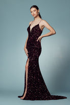 Plunging Neckline Fitted Bodice Velvet Sequince Trumpet Long Prom Dress NXR433-Prom Dress-smcfashion.com