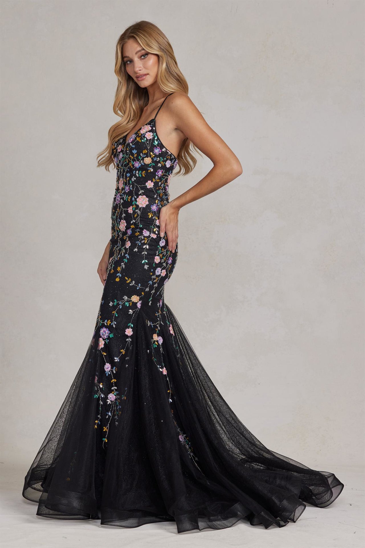 Mermaid Open Criss Cross Back Embroidered Flower Lace Long Prom Dress NXC1117-Prom Dress-smcfashion.com
