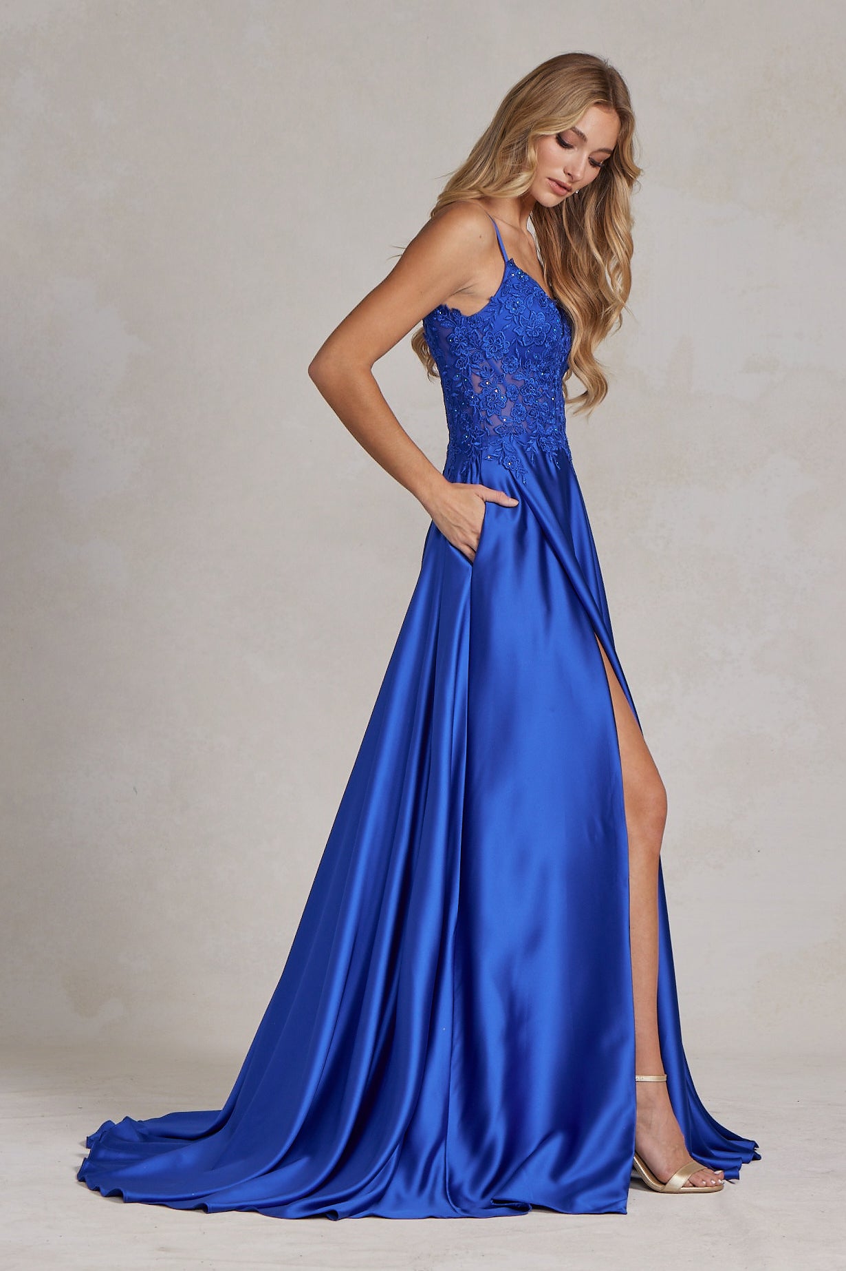 Embroidered Lace Bodice Open V-Back Satin Skirt Long Prom Dress NXK1121-Prom Dress-smcfashion.com