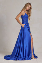 Embroidered Lace Bodice Open V-Back Satin Skirt Long Prom Dress NXK1121-Prom Dress-smcfashion.com