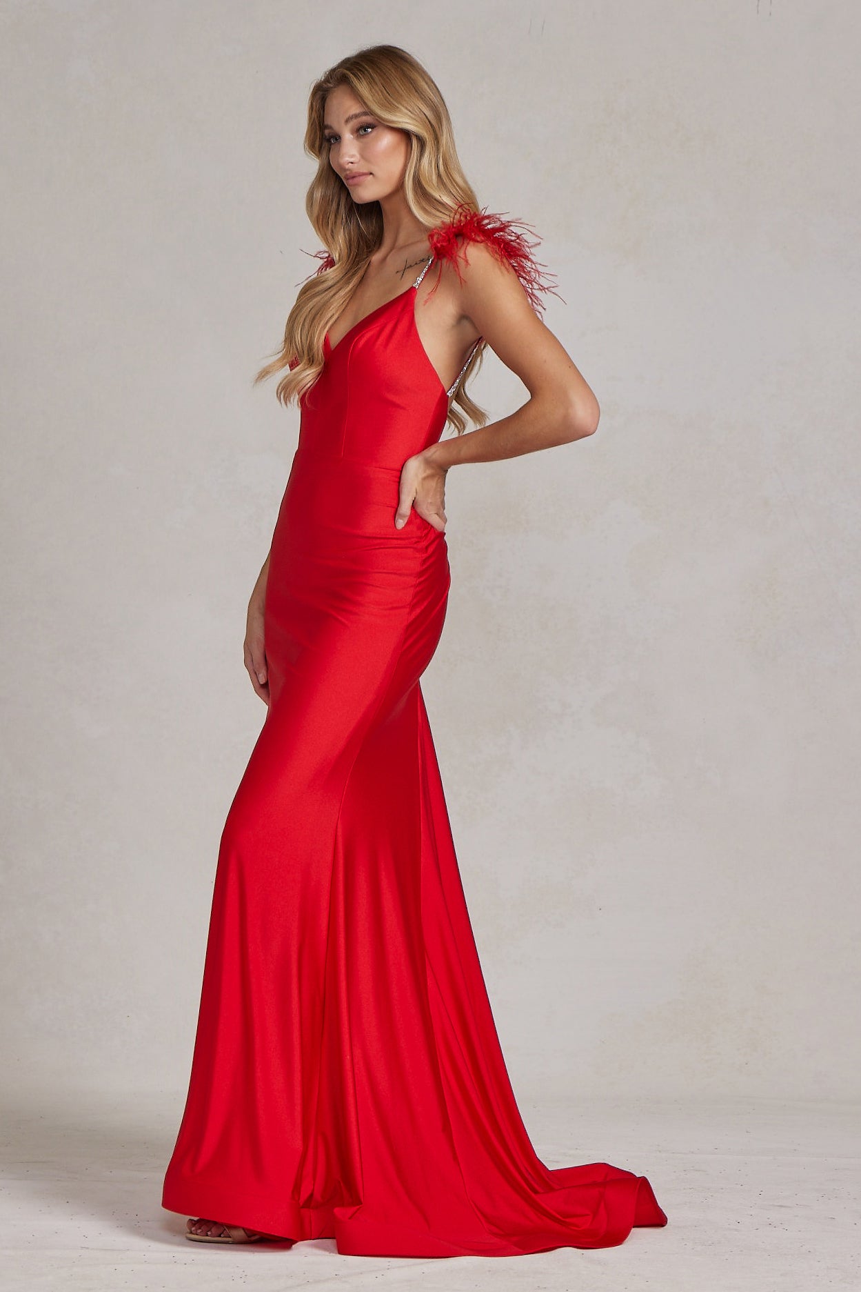 Mermaid Satin Embellished Feather Open Back Long Prom Dress NXT1138-Prom Dress-smcfashion.com