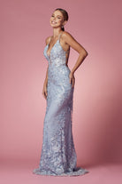 Embroidered Lace Illusion V-Neck Tulle Skirt Long Prom Dress NXF485-All Dresses-smcfashion.com