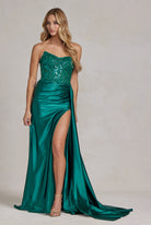 Satin Skirt Side Slit Embroidered Bodice Strapless Long Evening Dress NXE1174-Evening Dress-smcfashion.com