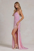 Embroidered Lace Spaghetti Straps Deep Side Slit Long Evening Dress NXT1209-Prom Dress-smcfashion.com