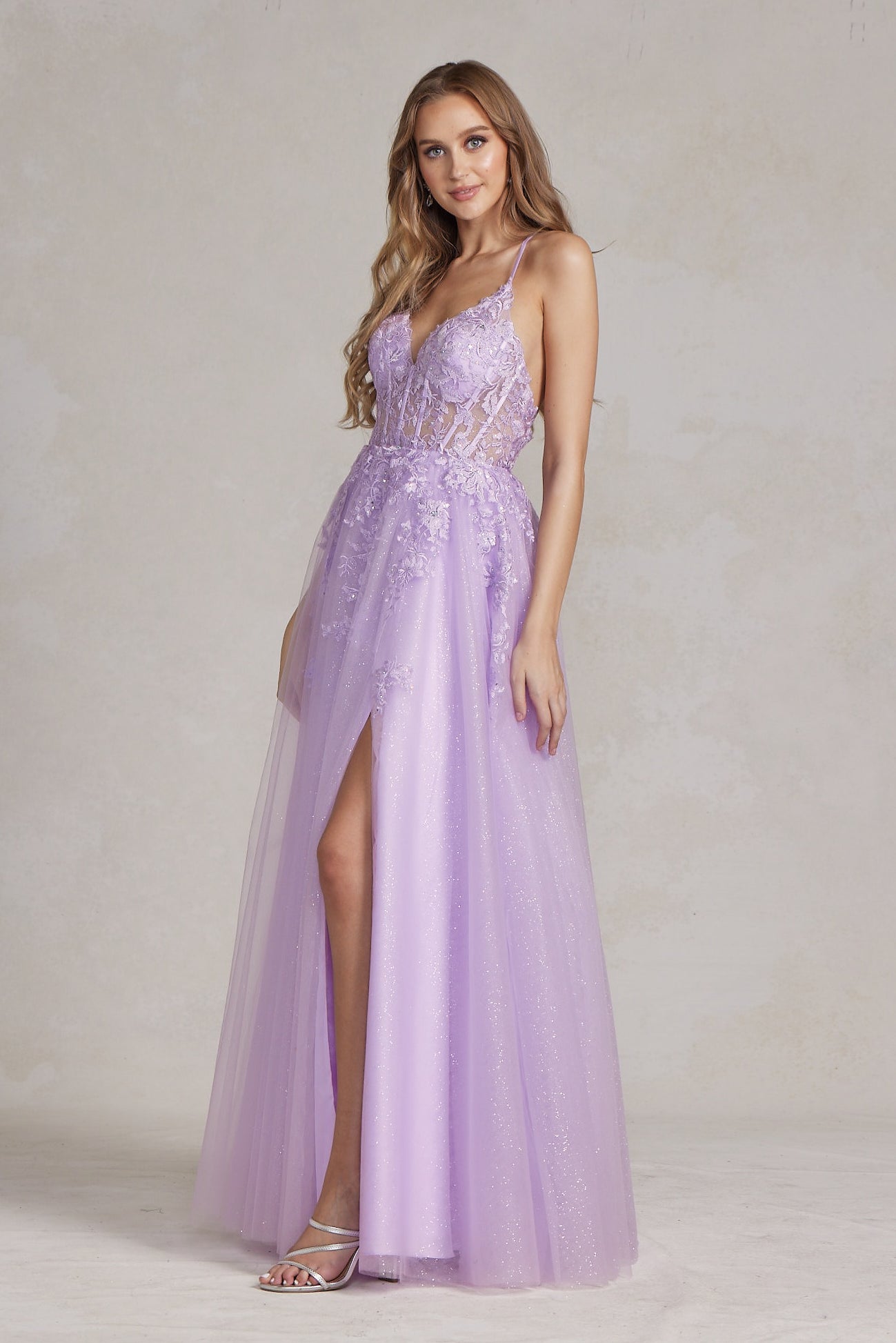 Embellished Applique V-Neck Side Slit Tulle Skirt Long Prom Dress NXT1081-All Dresses, Prom-smcfashion.com