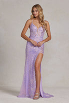 Embroidered Sequins Applique Side Slit Spaghetti Straps Long Prom Dress NXD1157-Prom Dress-smcfashion.com