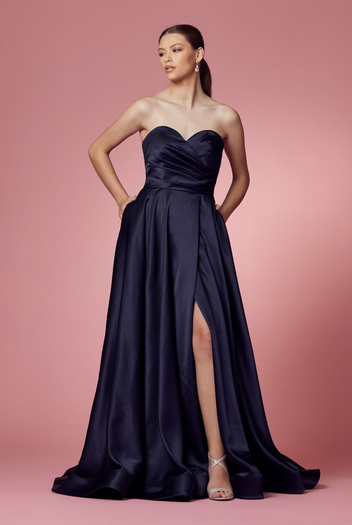 Strapless Satin High Slit Long Prom Dress NXR1036-Prom Dress-smcfashion.com
