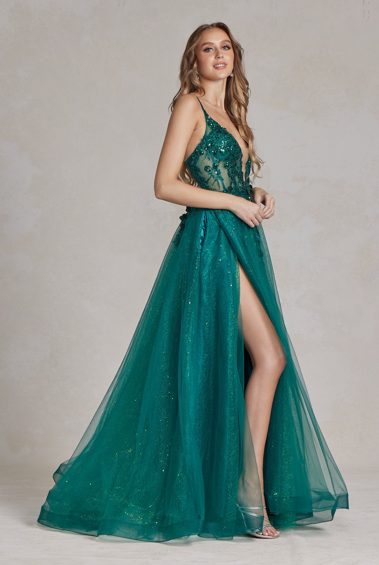 Tulle Skirt Embroidered Lace Open Criss Cross Back Long Prom Dress NXC1113-Prom Dress-smcfashion.com