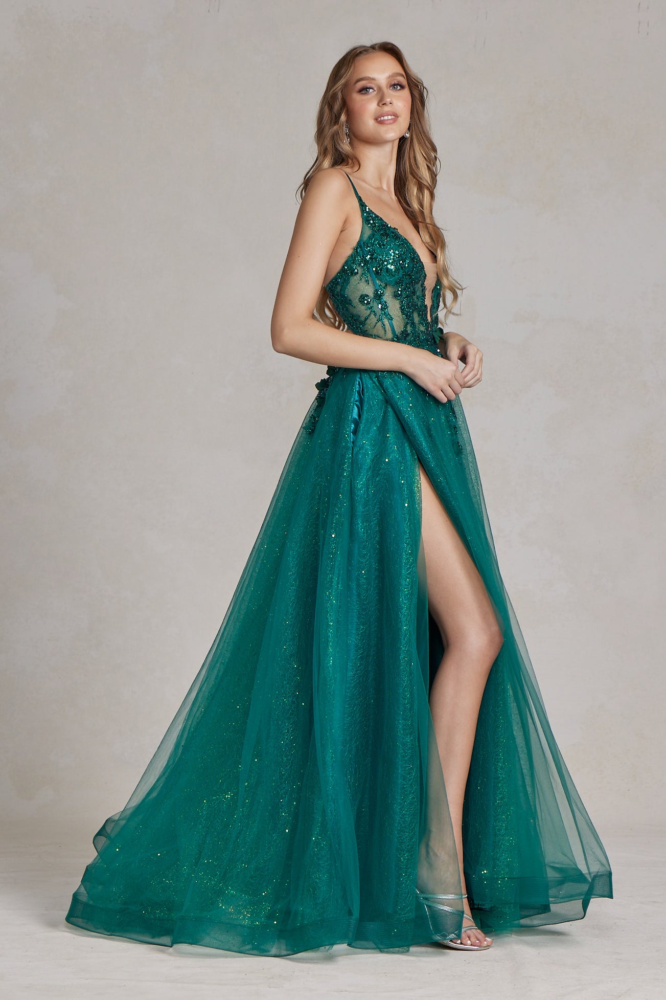 Tulle Skirt Embroidered Lace Open Criss Cross Back Long Prom Dress NXC1113-Prom Dress-smcfashion.com
