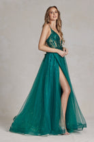 Tulle Skirt Embroidered Lace Open Criss Cross Back Long Prom Dress NXC1113-Prom Dress-smcfashion.com
