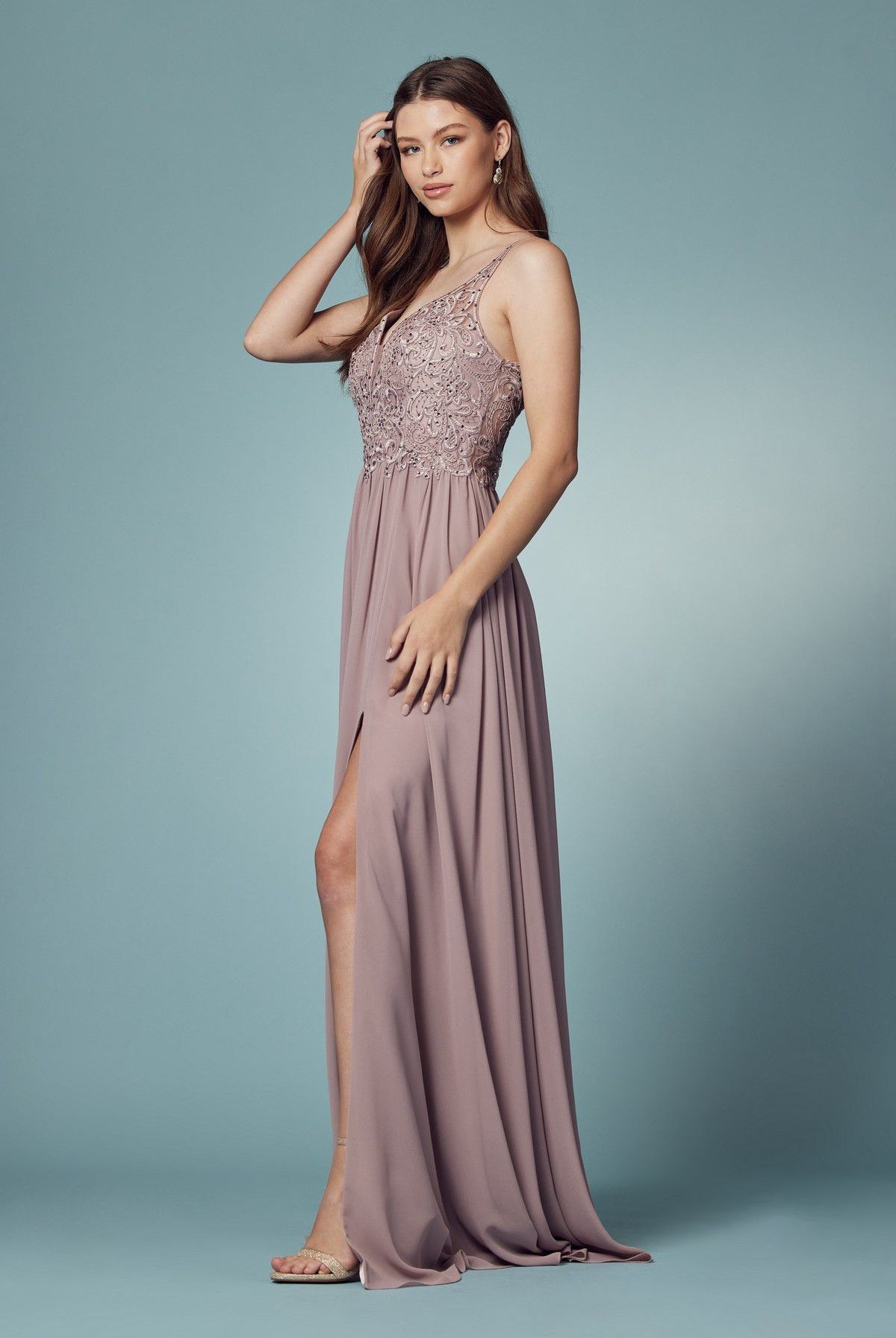 Embroidered Bodice Illusion V-Neck Side Slit Long Bridesmaid Dress NXY299-Bridesmaid Dress-smcfashion.com