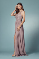 Embroidered Bodice Illusion V-Neck Side Slit Long Bridesmaid Dress NXY299-Bridesmaid Dress-smcfashion.com
