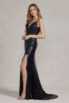 Side Slit Embroidered Applique Illusion V-Neck Long Evening Dress NXR1207-Evening Dress-smcfashion.com