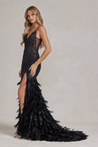 Embellished Feather Skirt V-Neck Open V-Back Side Slit Long Prom Dress NXC1119-Prom Dress-smcfashion.com