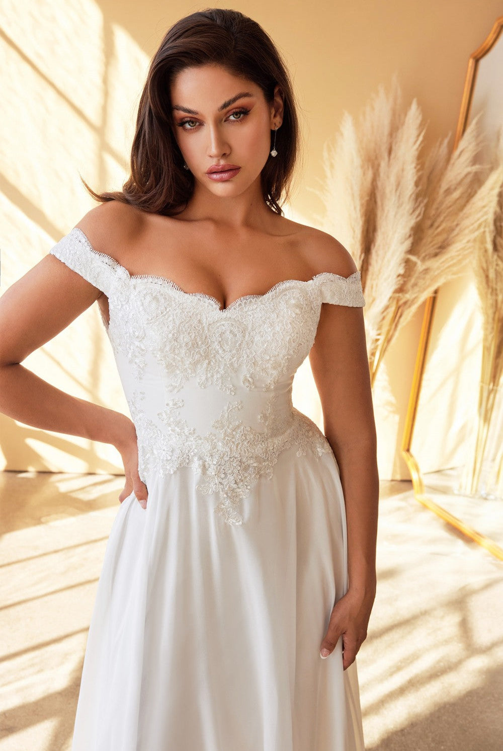 Off Shoulder Bridal Gown Modern Bride Floral Bodice Appliqued Embroidered Top with Cap Sleeves A-line Wedding Dress CD7258W Sale-Wedding Dresses-smcfashion.com