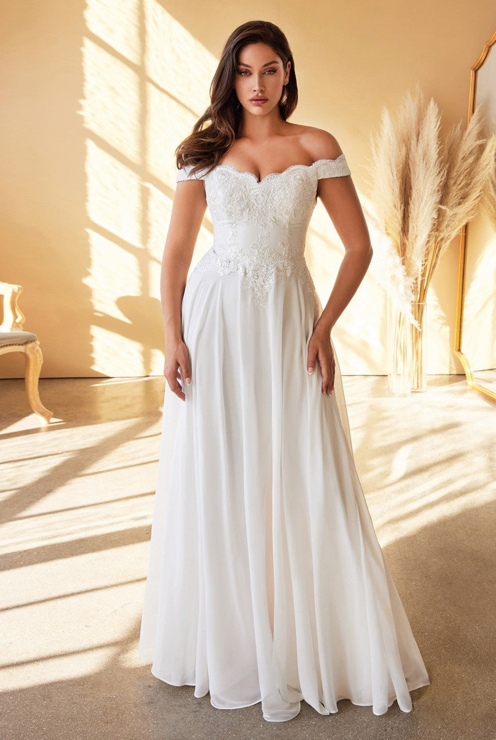 Off Shoulder Bridal Gown Modern Bride Floral Bodice Appliqued Embroidered Top with Cap Sleeves A-line Wedding Dress CD7258W