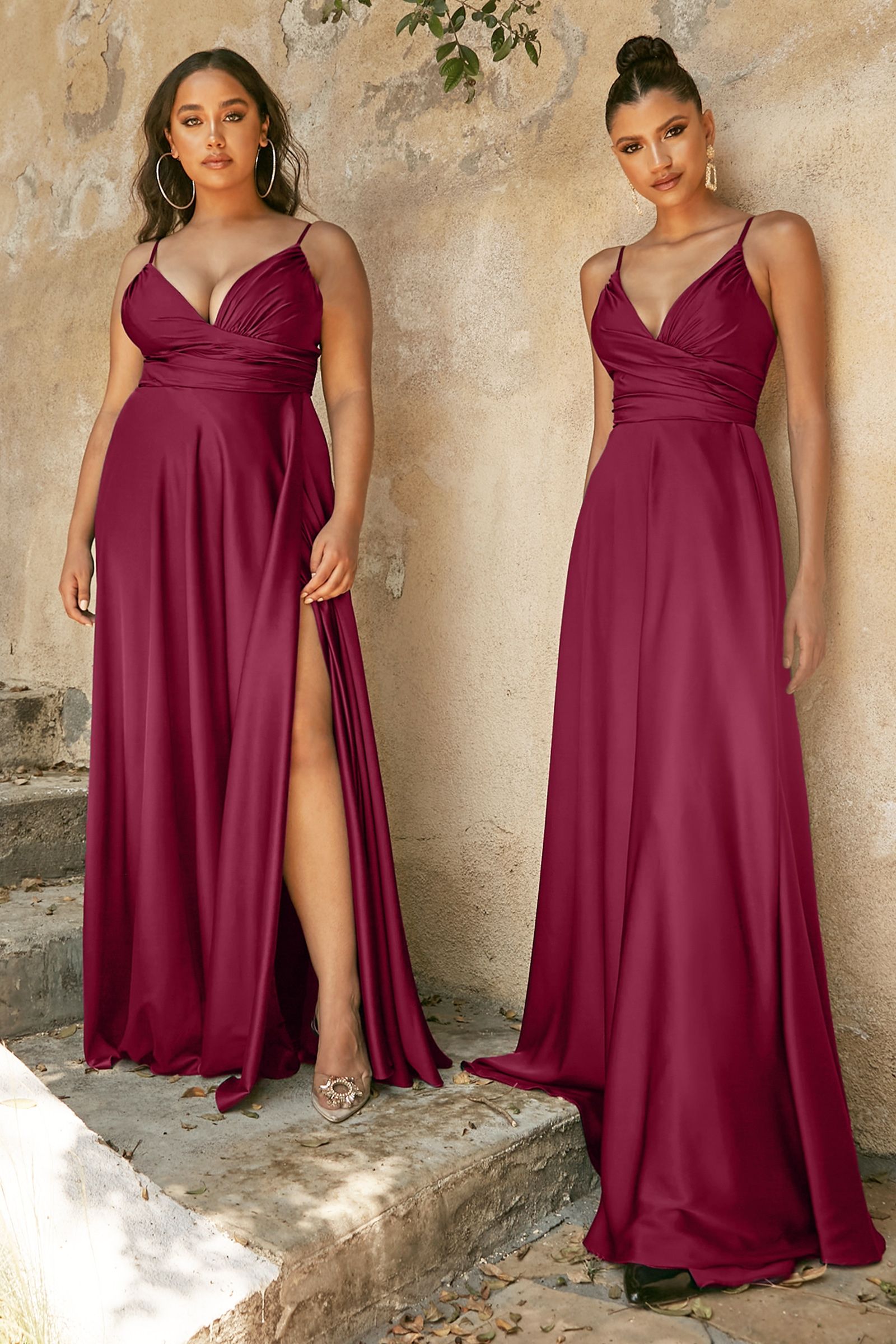 Soft Satin A-line Deep V-Neckline Wrapped Bodice Sexy Mid Open Back Prom & Bridesmaid Dress CD7485-Bridesmaid Dress-smcfashion.com