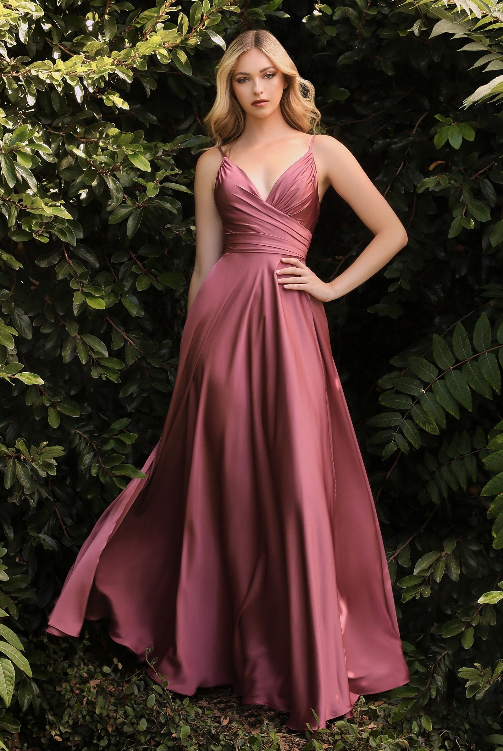 Soft Satin A-line Deep V-Neckline Wrapped Bodice Sexy Mid Open Back Prom & Bridesmaid Dress CD7485-Bridesmaid Dress-smcfashion.com