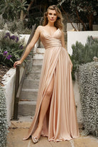 Soft Satin A-line Deep V-Neckline Wrapped Bodice Sexy Mid Open Back Prom & Bridesmaid Dress CD7485-Bridesmaid Dress-smcfashion.com