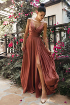 Soft Satin A-line Deep V-Neckline Wrapped Bodice Sexy Mid Open Back Prom & Bridesmaid Dress CD7485-Bridesmaid Dress-smcfashion.com